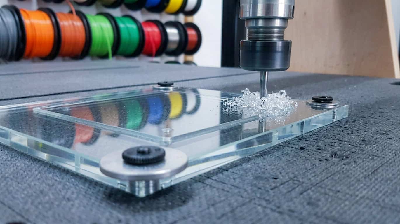 Eine Polycarbonatplatte die gerade von einer Maschine gefräst wird.