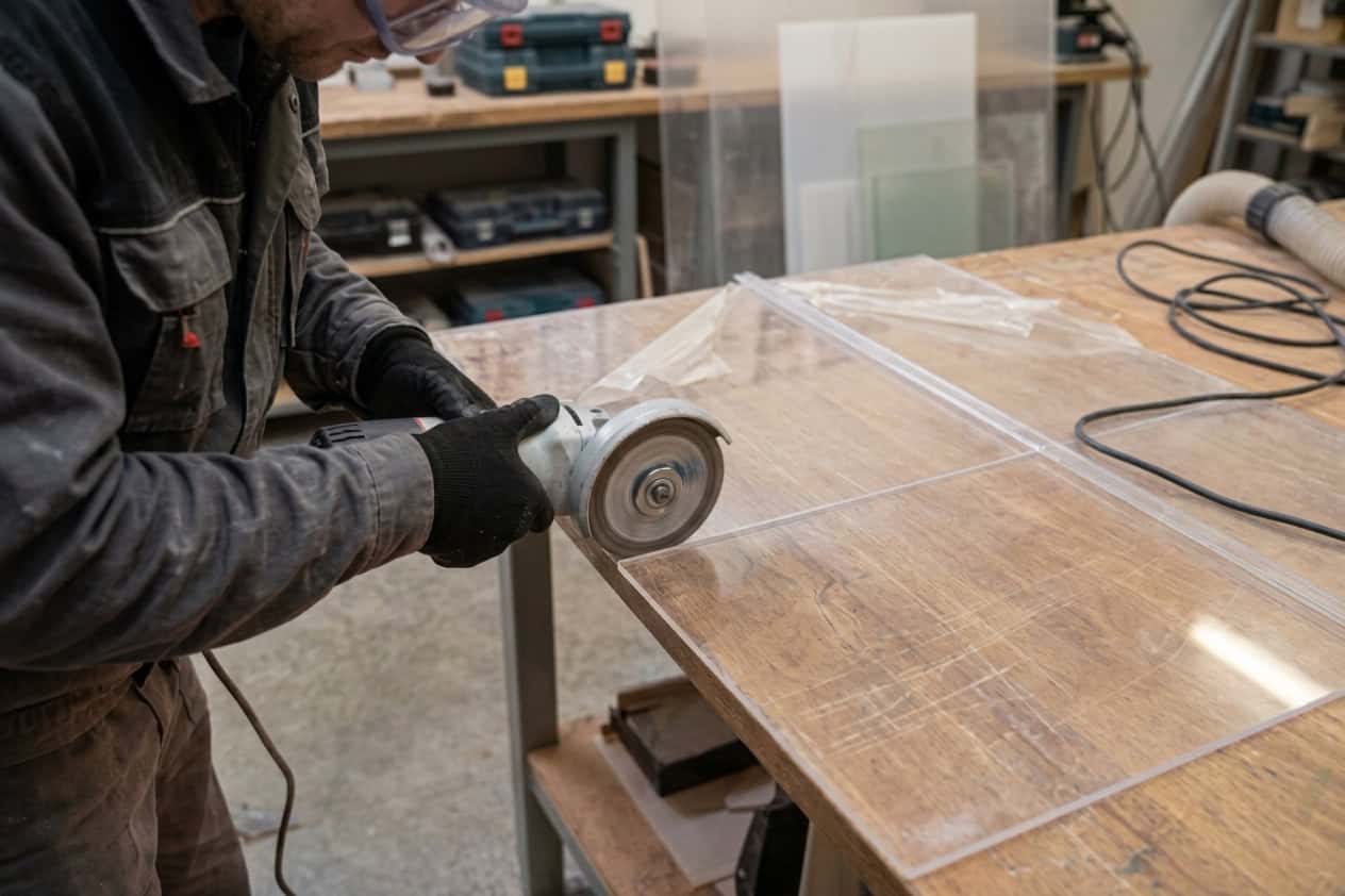 Eine Person schneidet eine transparente Polycarbonatplatte mit einem Winkelschleifer.
