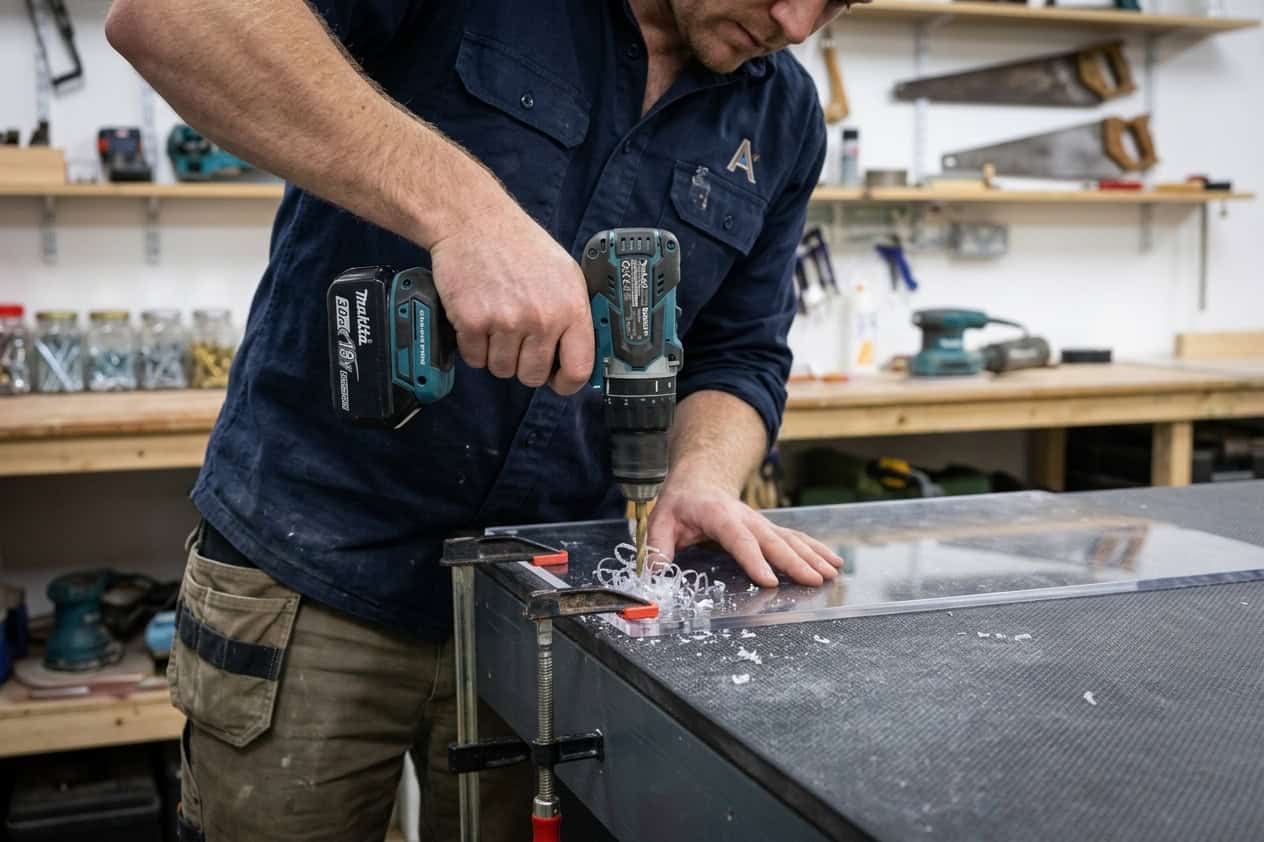 Eine Person bohrt mit einem Stufenbohrer Löcher in eine Polycarbonatplatte.