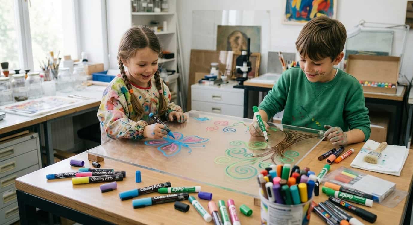 Kinder bemalen eine Polycarbonatplatte mit nicht permanenten Stiften.