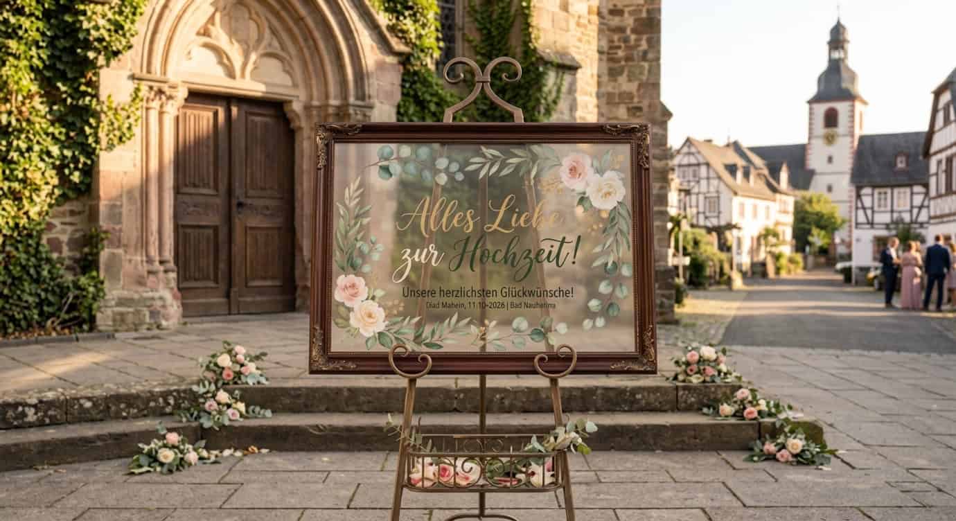 Eine beschriftete Polycarbonatplatte, welche für eine Hochzeit verwendet wird.