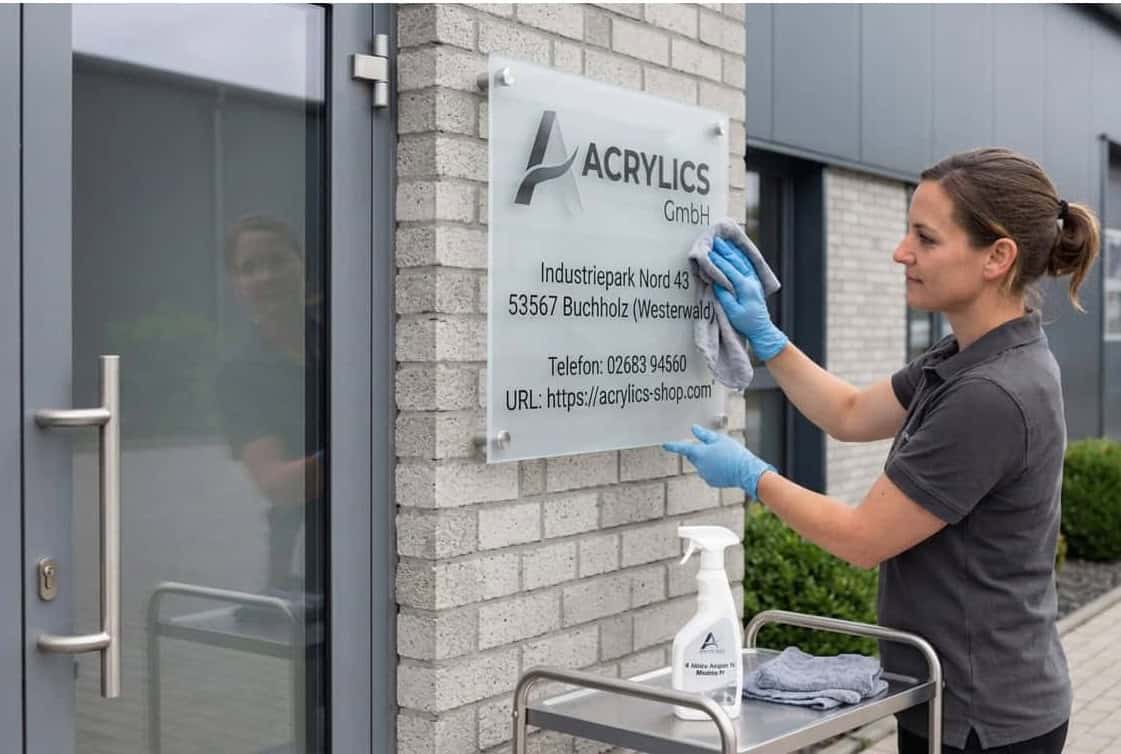 Eine Person, welche eine gravierte Polycarbonatplatte reinigt.