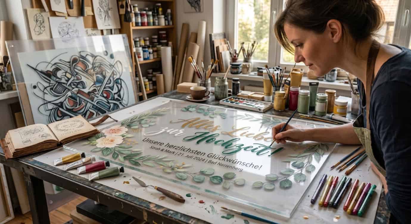 Eine Frau beschriftet und bemalt eine transparente Kunststoffplatte aus Polycarbonat.