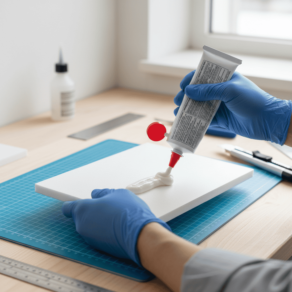 Eine Person trägt Montagekleber auf eine PVC Hartschaumplatte auf