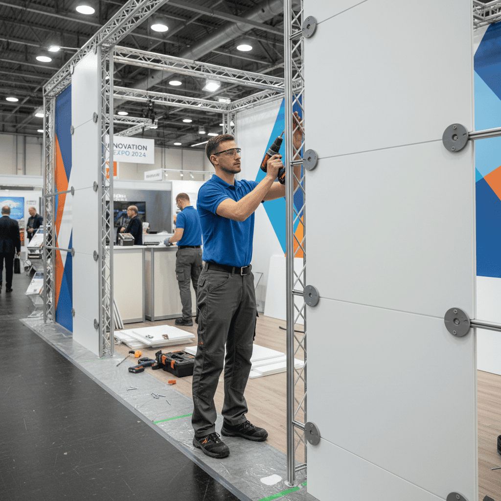 Eine Person baut einen Messestand aus leichten PVC Hartschaumplatten auf