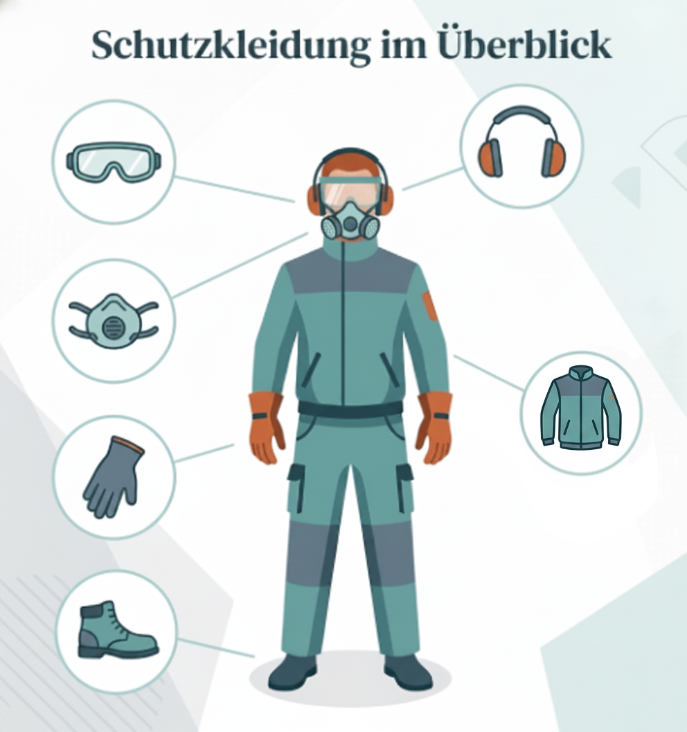 Eine Übersichtsgrafik über typische Schutzkleidung, die bei der Bearbeitung von PVC Hartschaumplatten getragen werden sollte