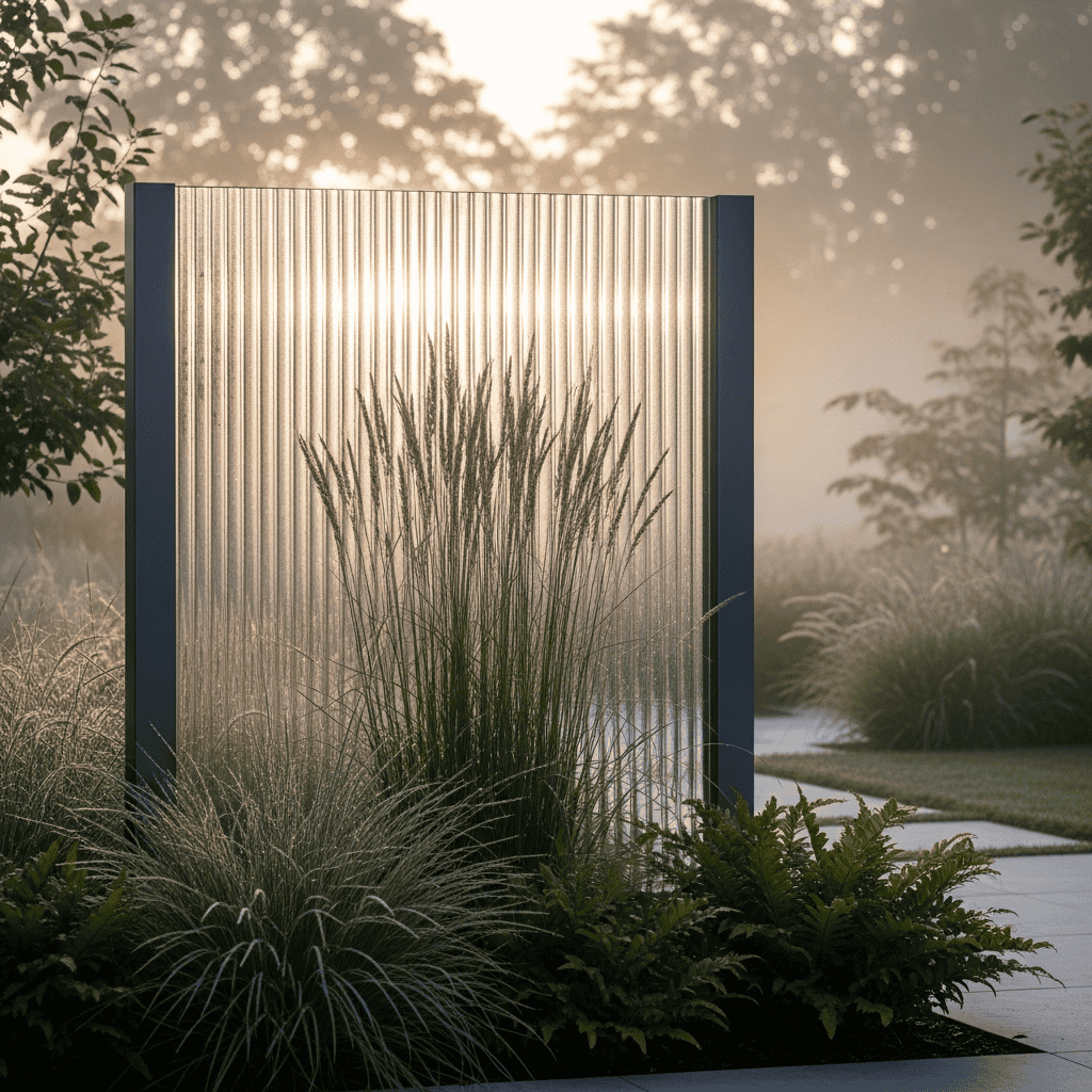 Undurchsichtige Sichtschutzwand aus Acrylglas die in einem gepflegten Garten steht