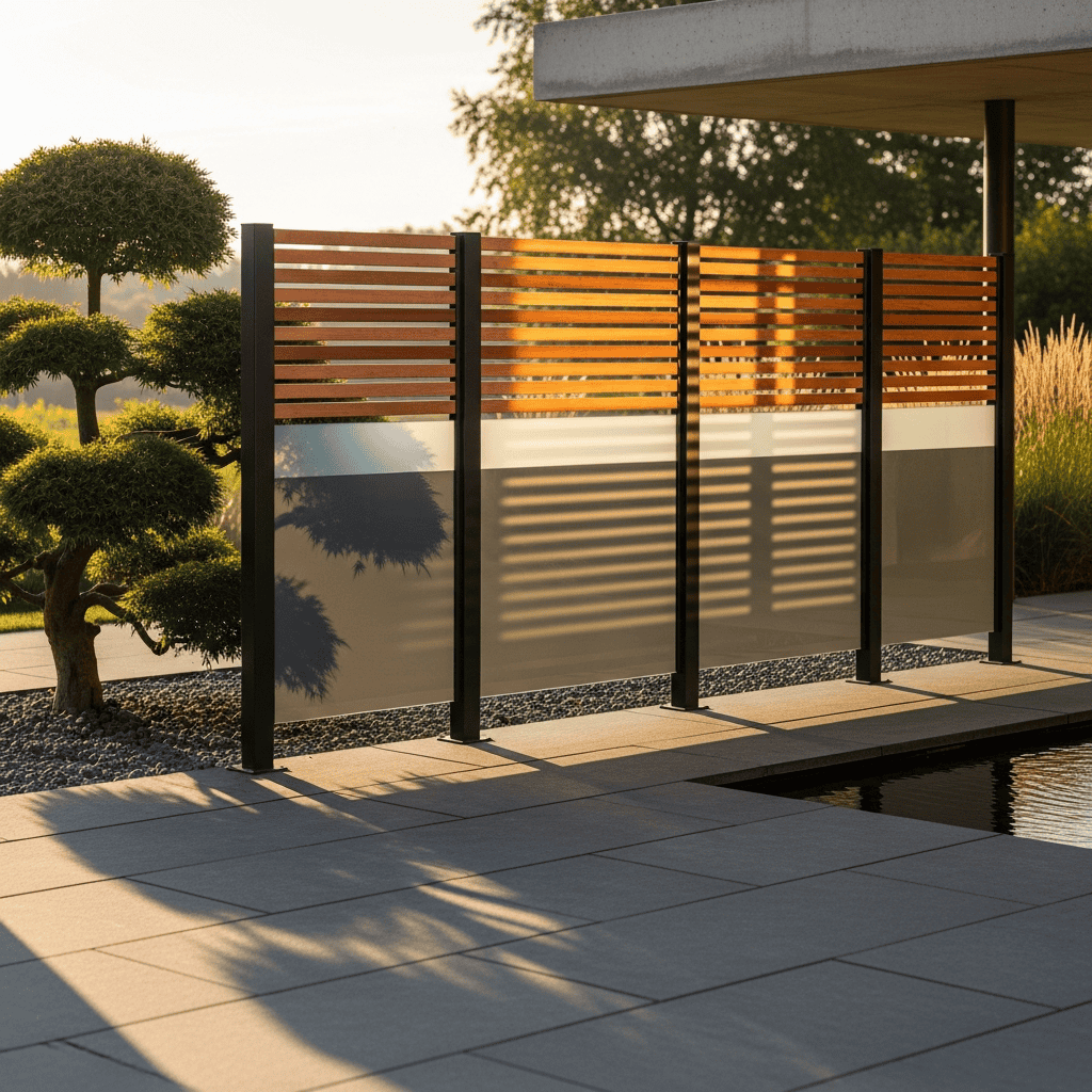 Ein Acrylglas Sichtschutz als optische Trennung zwischen Terrasse und Garten