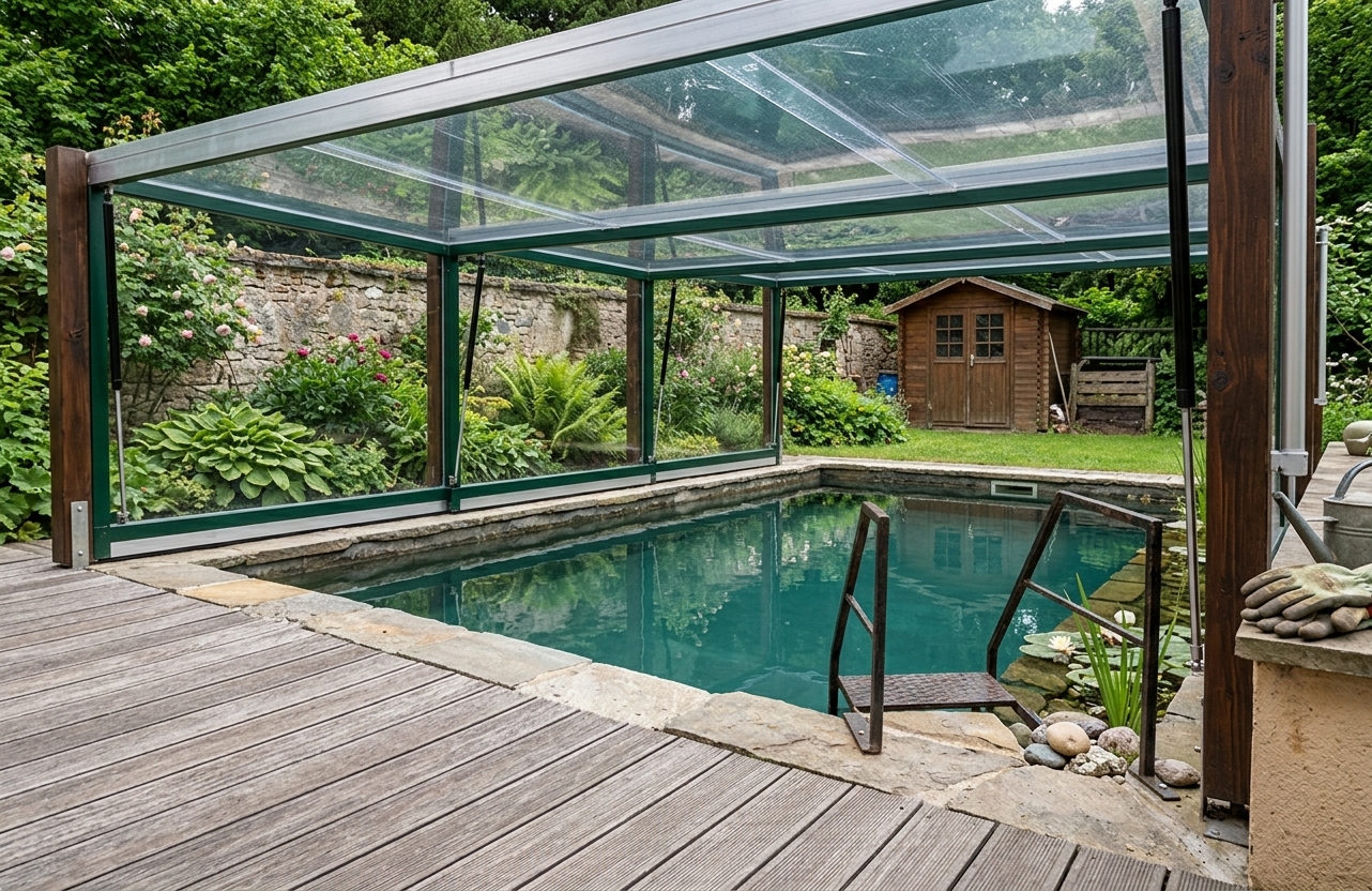 Eine Poolüberdachung in Form einer Terrassenüberdachung. 